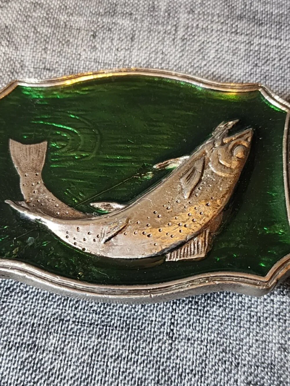 Raintree Metal Alloy W/ Green Enamel Trout Belt Buckle